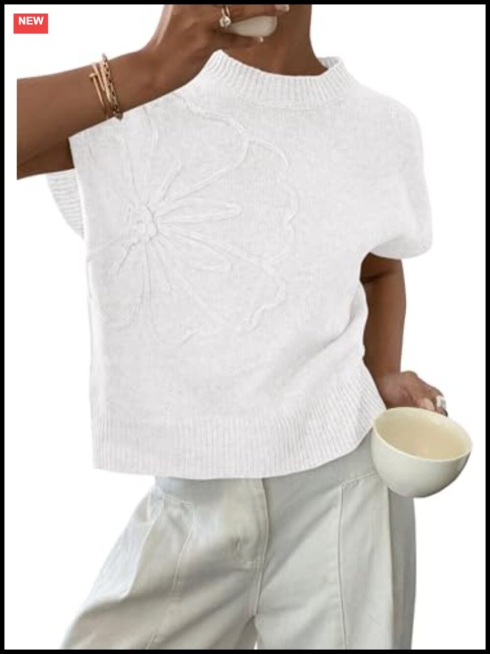 Lightweight Knit Sweater Vest with 3D Flower Embellishment - Women's Short Cap